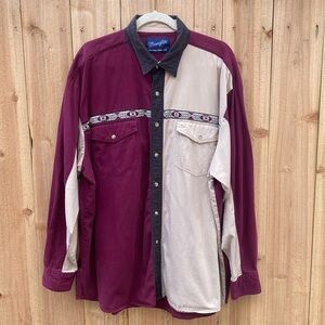 Mens Wrangler Western Shirt Size XXL Pearl Snap Buttons Maroon Tan Stripe Navajo
